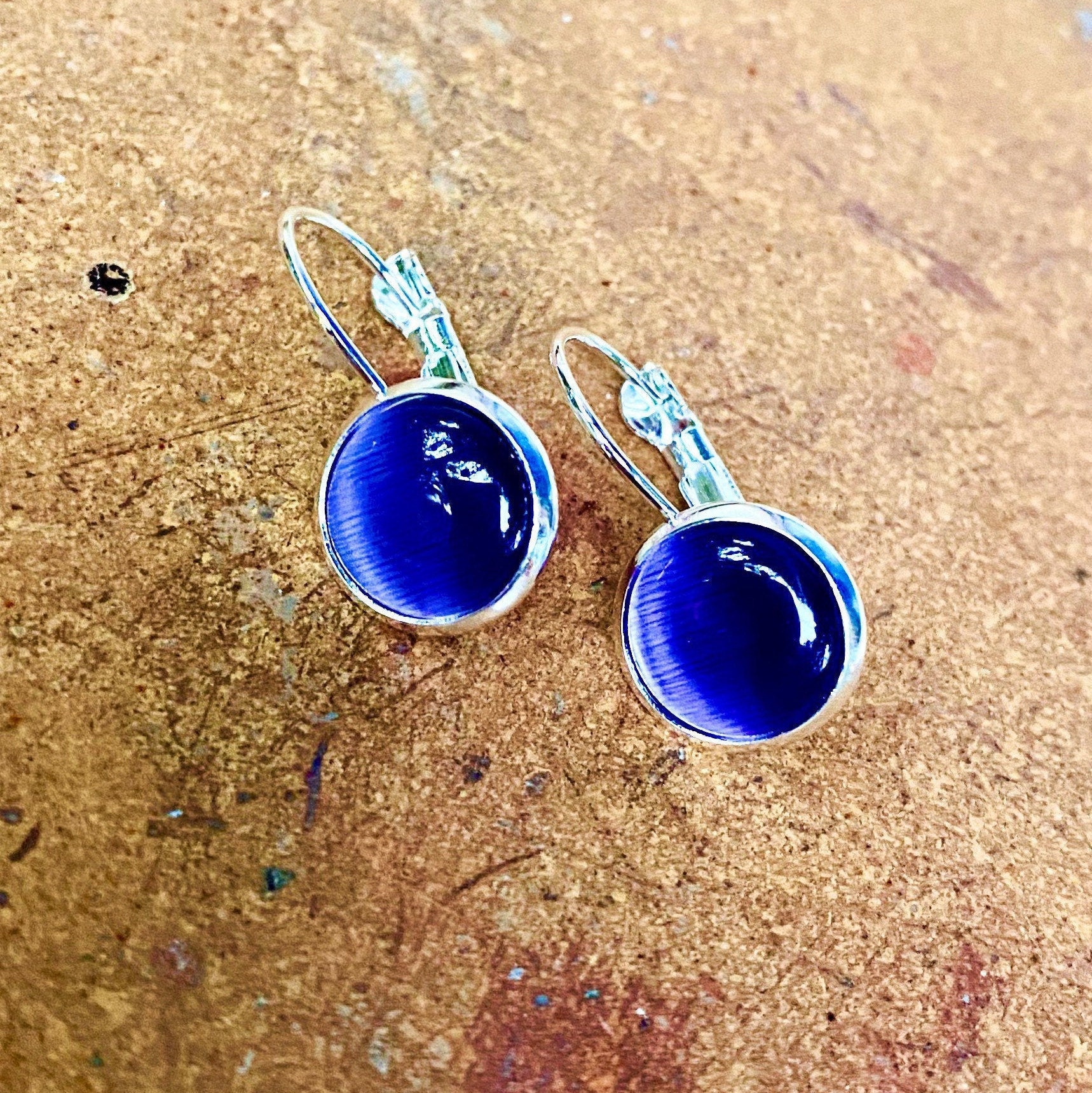 Periwinkle Cats Eye Gemstone Dangling Earrings Lever-back | Etsy