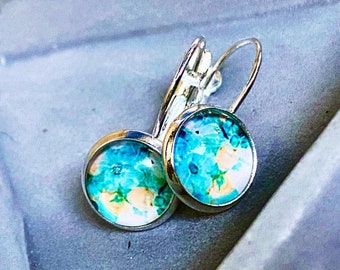 Watercolor Floral Earrings | Sterling Silver Lever Back Earrings | 10mm Floral Dangle Earrings | Handmade Botanical Jewelry