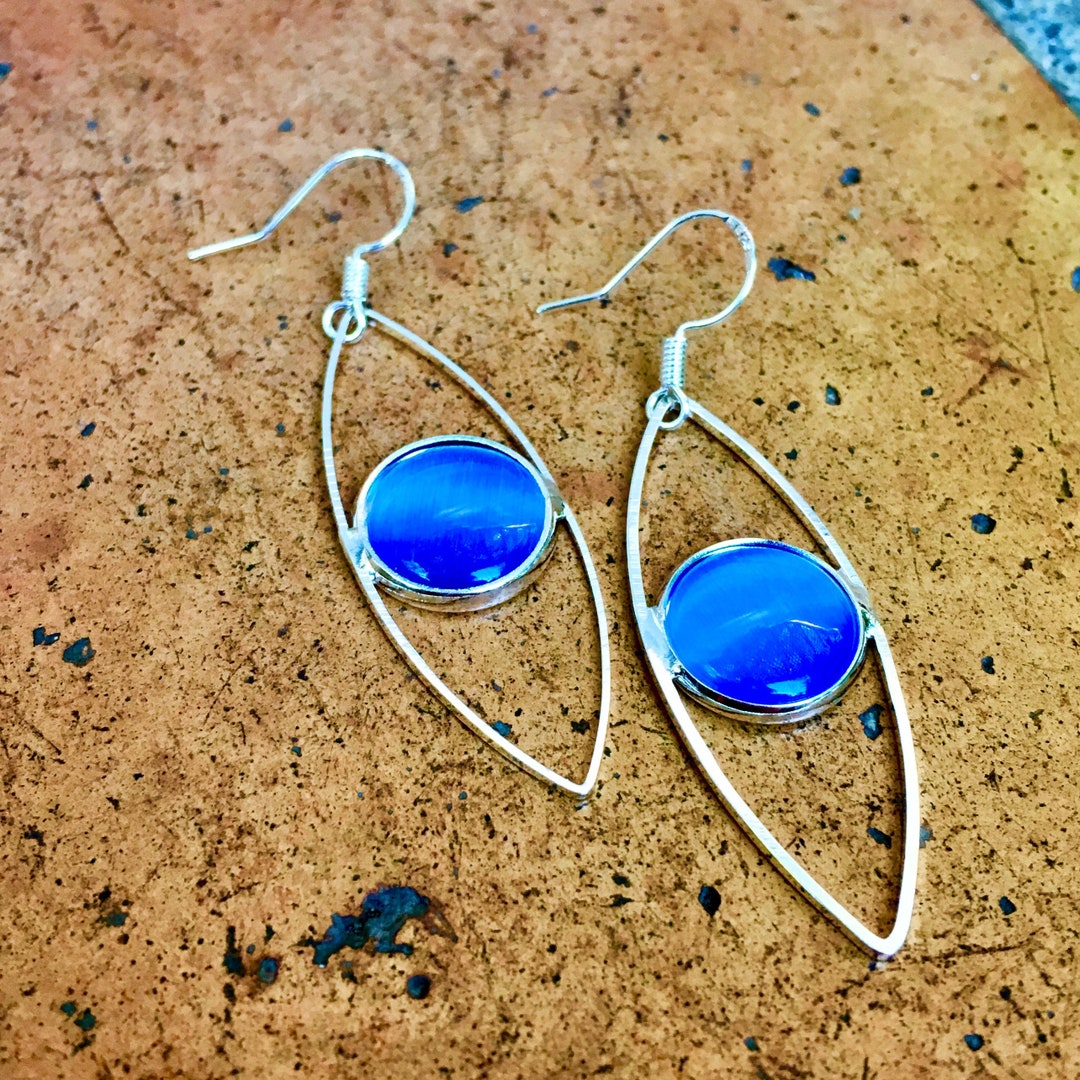 Handmade Sterling Silver Cat's Eye Earrings: Light Blue Gemstone Dangle ...