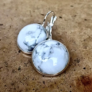 Huge Howlite stone 16mm Sterling Silver earrings, White & grey Gemstone, Round, semi- circle stone cab, Semi-Precious, natural, USA