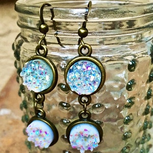 Double Druzy Quartz dangling earrings, Bronze, Round Cameos, 10mm, clear, white, drusy, crystal, handmade, USA, long, druzy agate