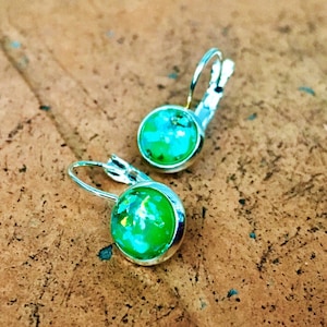 Kelly Green Gold Foil Speckled Dangling Earrings, Sterling Silver .925, Small Lever-Back Earrings, 8mm, Lever back, Round, glitter, resin