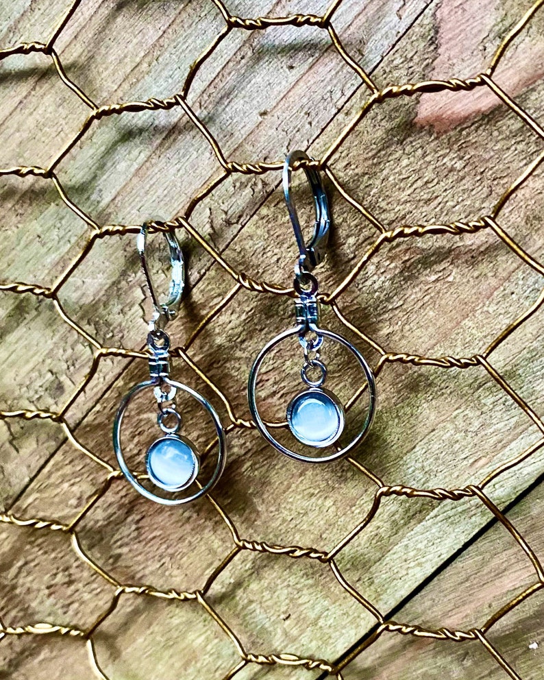 White Cats Eye Gemstone Dangling Earrings Leverback 6mm Etsy