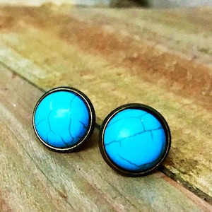 Gorgeous Turquoise Gemstone Stud Earrings, Bronze, USA, 12mm, large earring Posts, natural stone, Semi-precious, round, blue, veiny stone