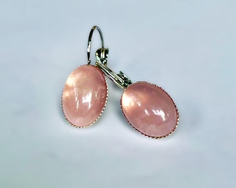 Rose Quartz gemstone Lever-Back Earrings, Oval stone, Light Pink, Stainless steel, natural, Dangle, genuine semi-precious stone, USA,