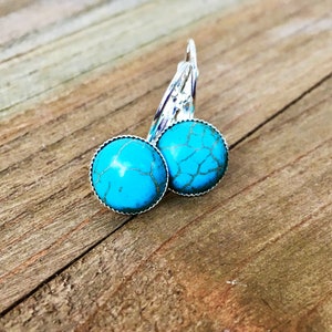 Natural Turquoise Gemstone earrings, Lever-back earrings, Silver, semi-precious stone, 10mm, round, leverback, handmade, blue, dangling image 1