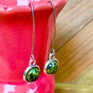 Unakite Gemstone Threader Earrings: Tibetan Silver, 8mm Round