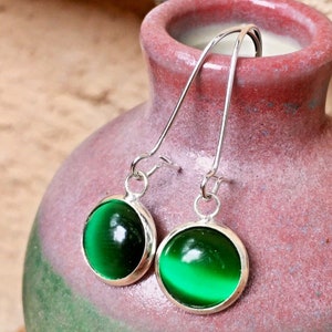 Handmade Dark Green Cat&#39;s Eye Gemstone Earrings: Silver Plated, Hypoallergenic