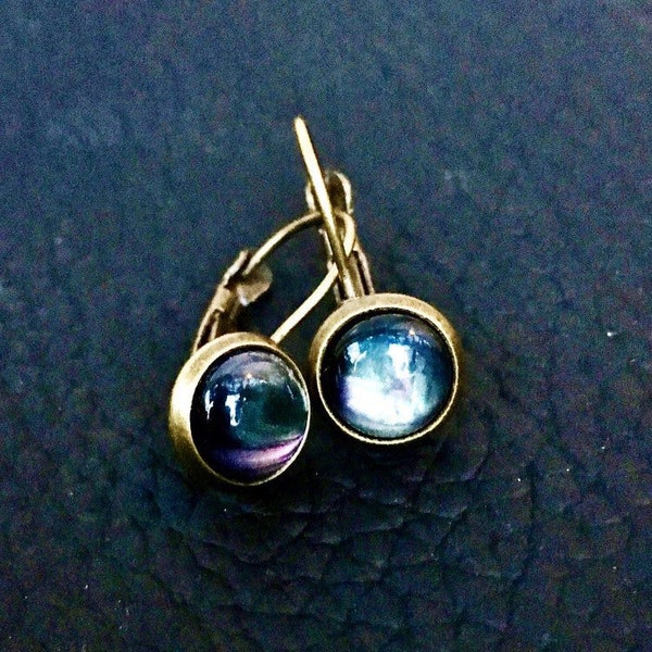 Blue & Grey Marbled Lever-back Earrings, Bronze, 8mm, Marble, Small, Round, Drop, Dangle, leverback, Resin, pearl, Lever-Back Earrings