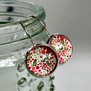 Detailed Floral Lever-Back Earrings, 12mm, Glass Image, Handmade, Sterling Silver 925, Dangling, Leafs, Petals & Flowers Photo Earrings