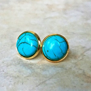 Gorgeous Turquoise Gemstone Studs, gold plated, USA, 12mm, large earring Posts, natural stone, Semi-precious, round, blue, veiny stone