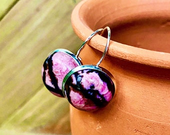 Pink Rhodonite Gemstone Earrings, 16mm, Sterling Silver, Semi-Precious gemstone, Large, dangling, Pink & Black, Crystal, Lever-Back Earrings