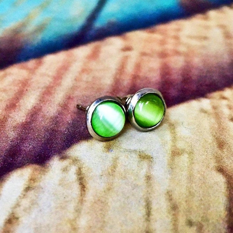 Pale Green Cat's Eye Gemstone Stud Earrings Stainless | Etsy
