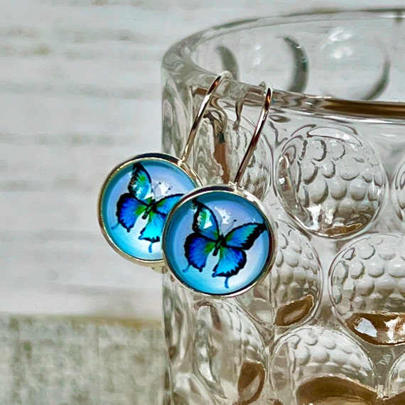 Blue Butterfly Lever-back Earrings: Handmade Sterling Silver  Sterling Silver Butterfly Drop Earrings with Blue Zircon Lever Back main image 0