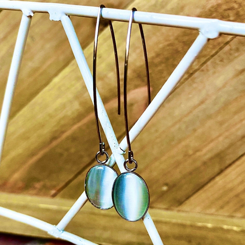 oval white stone Long cameo Earrings threader White Cat\u2019s Eye gemstone dangling Earrings Threader stainless steel