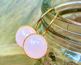 Rose Quartz Gemstone Earrings, Lever-back Earrings, Gold, Semi-Precious, Stone, 10mm, Round, Leverback, Handmade, pink, Quartz, USA