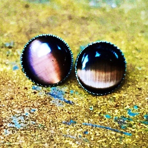 Umber Brown Cat&#39;s Eye Gemstone Stud Earrings, Stainless Steel, 10mm, Round, USA Posts, Natural, Genuine, Moonstone, Semi-precious stone