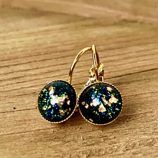 Midnight Blue glittery lever back Earrings, dangling, 10mm, Lever-back, Gold plated, Round, Gold Foil pieces and glitter, Boho, Handmade