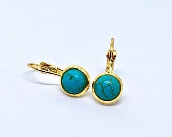 Turquoise Earrings | Gold Plated Lever Back Earrings | 8mm Natural Turquoise Gemstone Earrings | Handmade Boho Jewelry