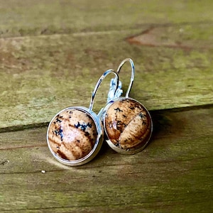 Picture Jasper gemstone Lever-Back Earrings, 12mm stone, Beige stone, Sterling Silver 925, large natural, Dangle, genuine natural stone