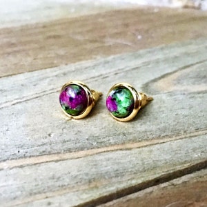 Ruby in Zoisite Stud Earrings: Gold Plated, 6mm, Hypoallergenic