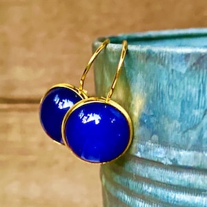 Large Lapis Lazuli Gemstone earrings, Lever-back, Gold, semi-precious stone, 14mm, round, handmade, USA, blue, dangle