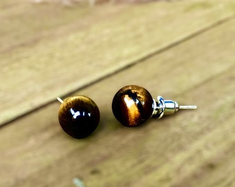 Tiger's Eye Gemstone Stud Earrings, Handmade, 8mm round ball stone, USA, Sphere , Earring Posts, Natural, Semi-Precious, Brown Quartz, Studs