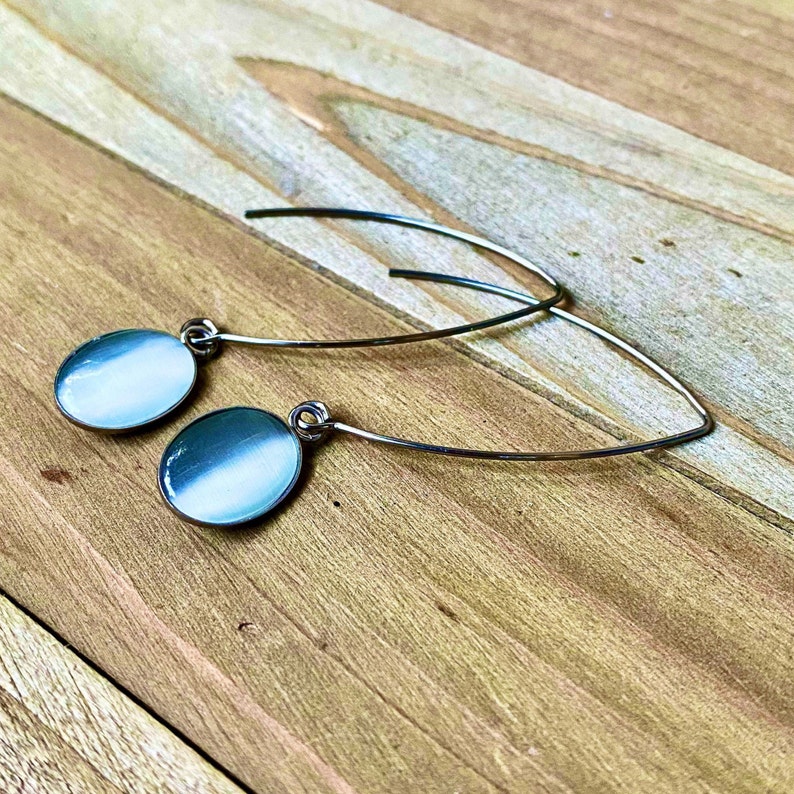 oval white stone Long cameo Earrings threader White Cat\u2019s Eye gemstone dangling Earrings Threader stainless steel