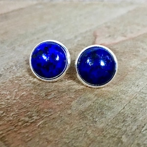 Lapis Lazuli Gemstone Stud Earrings, Silver, USA, 12mm, Large Earring Posts, Natural Stone, Semi-Precious, Blue, Lapiz, Lapis