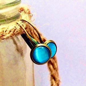Sky Blue Cat&#39;s Eye Gemstone Earrings, Bronze, 8mm, Small Lever-Back, Dangle & Drop Earrings, Chrysoberyl, Semi-Precious, Light Blue Stone
