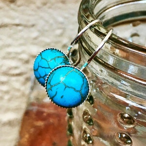 Natural Turquoise Gemstone earrings, Lever-back earrings, Silver, semi-precious stone, 10mm, round, leverback, handmade, blue, dangling image 2