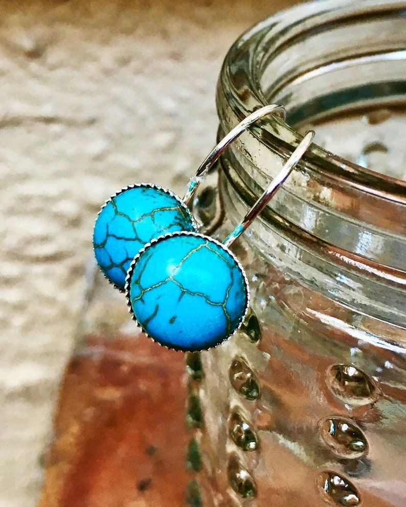 Natural Turquoise Gemstone earrings, Lever-back earrings, Silver, semi-precious stone, 10mm, round, leverback, handmade, blue, dangling image 2