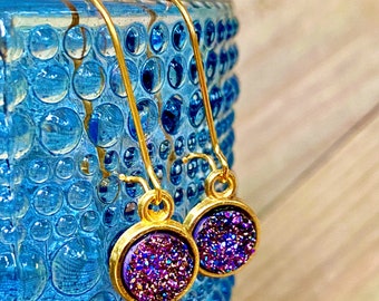 Shimmering rainbow Purple Druzy Quartz Dangling Earrings, 8mm, Gold, Drusy, Metallic, Crystal, Round, gold, handmade, USA