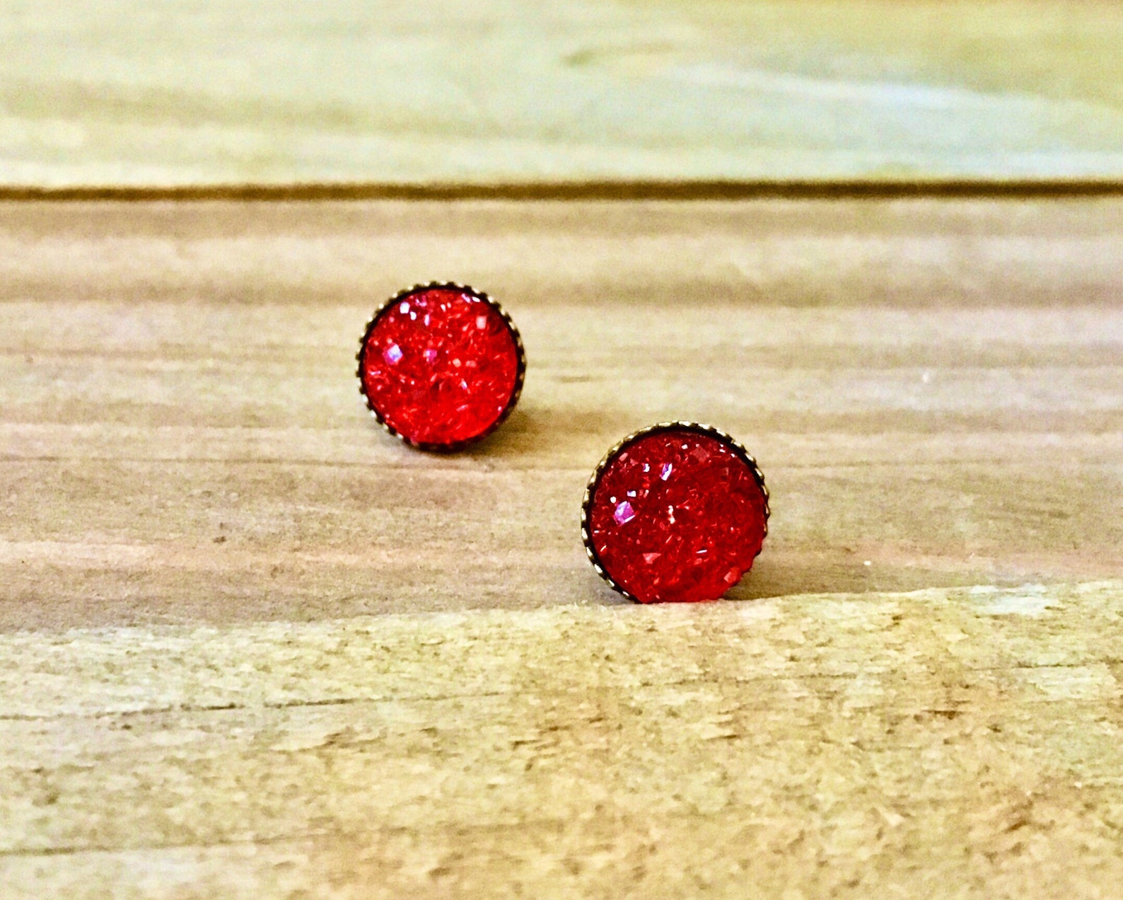 Tiny Red Druzy Quartz Stud Earrings Bronze Earring Posts Etsy