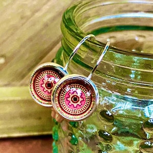 Peach & Rosewood Pink Leverback Earrings, Sterling Silver, Lever Back, round, Glass, lever-back, silver, boho, leverback, dangling, Mandala