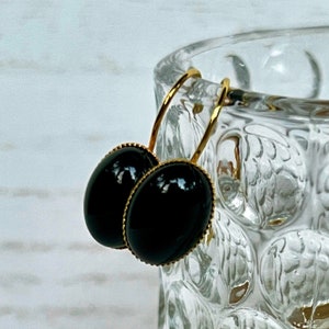 Black Onyx Gemstone Dangling earrings, Lever-back earrings, Gold Plated, 12mm, oval, lever back, dangling Onyx earrings, USA, black stone