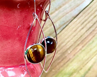 Tiger’s Eye Gemstone Dangling Earrings, Silver settings, 12mm, Brown Tigers Eye Stone, Semi-Precious, natural gemstones,handmade, USA