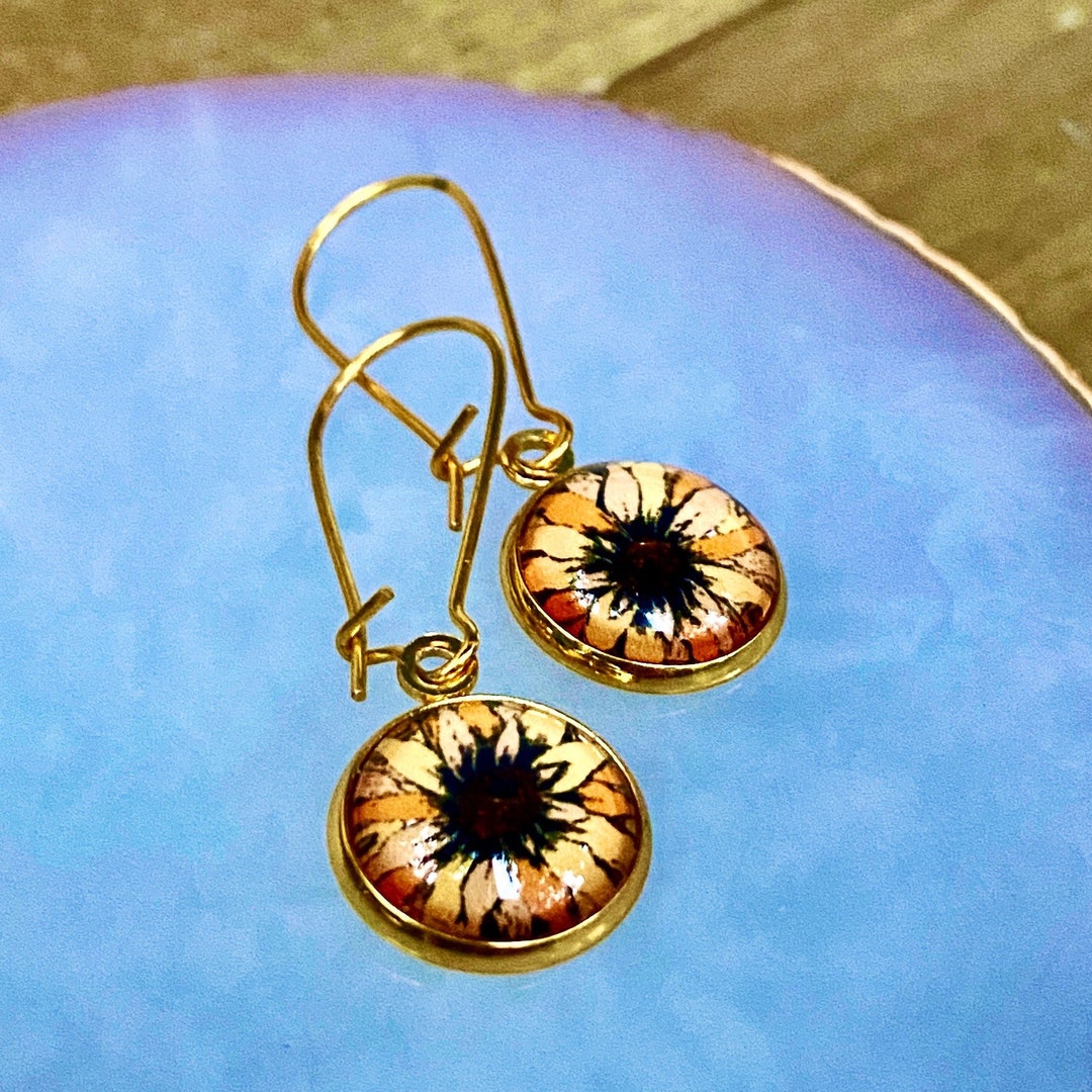 Bohemian Sunflower Glass Dangling Earrings 12mm Round Cameo - Etsy