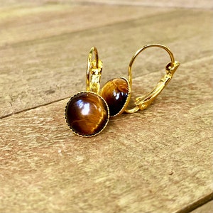 Large Tiger's eye gemstone Lever-Back Dangling Earrings, 12mm stone, golden brown stone, Gold,  natural, Dangle, genuine stone