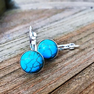 Natural Turquoise Gemstone earrings, Lever-back earrings, Silver, semi-precious stone, 10mm, round, leverback, handmade, blue, dangling image 3