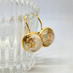 Pearl White & Gold Foil Flake Lever-Back Earrings, 12mm, Leverback, Gold, Dangling, Round, Gold Foil Spotted, Bohemian Indie Style, USA