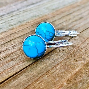 Natural Turquoise Gemstone earrings, Lever-back earrings, Silver, semi-precious stone, 10mm, round, leverback, handmade, blue, dangling image 4