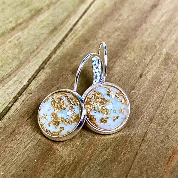 Handmade Sterling Silver Lever-Back Earrings: Pearl White & Gold Foil