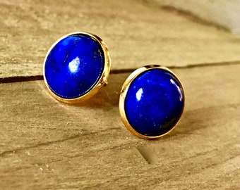 Lapis Lazuli Gemstone Studs, Gold Plated, USA, 12mm, Large Earring Posts, Natural Stone, Semi-Precious, Dark Blue, Lapiz, Lapis Earrings