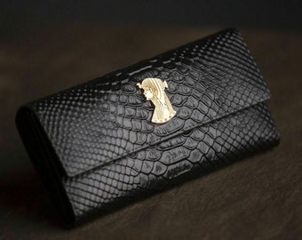Patra Women's Long Leather Python Skin Folding Wallet Black