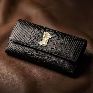 Patra Women's Long Leather Python Skin Folding Wallet Black