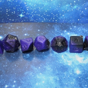 One of kind, Opaque Purple/Black swirl , Polyhedral Dice Set