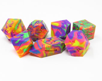 One of kind, SQUISHY Rainbow Road Neon (Silicone Rubber),  SHARP Polyhedral Dice Set