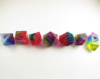 One of kind, Rainbow Daxe Rainbow Confetti , SHARP Polyhedral Dice Set