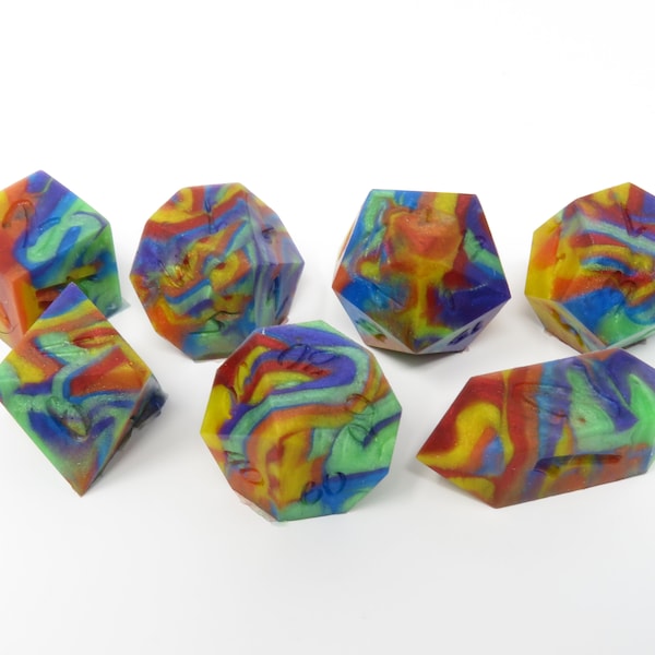 One of kind, SQUISHY Rainbow Redux (Silicone Rubber),  SHARP Polyhedral Dice Set